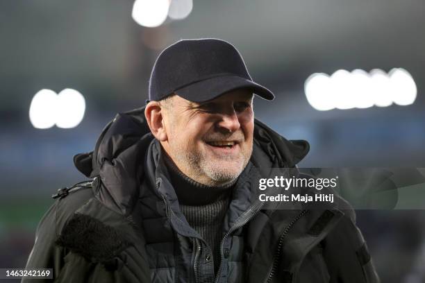 Joerg Schmadtke, Director of Sport for VfL Wolfsburg looks on prior to the Bundesliga match between VfL Wolfsburg and FC Bayern München at Volkswagen...