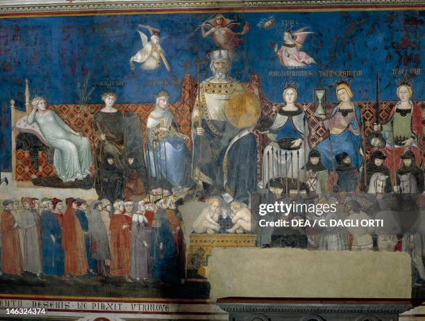 Allegory of Good Government, detail from the Allegory and Effects of Good and Bad Government on Town and Country, 1337-1343, by Ambrogio Lorenzetti ,...