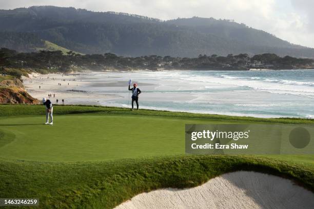 Denny McCarthy of the United States putts on the ninth green during the final round of the AT&T Pebble Beach Pro-Am at Pebble Beach Golf Links on...