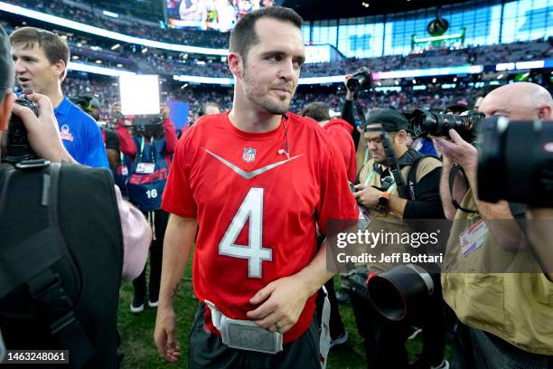 Derek Carr of the Las Vegas Raiders and AFC walks off the field after losing to the NFC 35-33 during the 2023 NFL Pro Bowl Games at Allegiant Stadium...