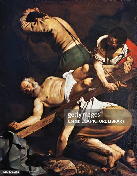 Crucifixion of St Peter, 1600-1601, by Michelangelo Merisi da Caravaggio , oil on canvas, 230x175 cm. Santa Maria del Popolo, Cerasi Chapel, Rome.