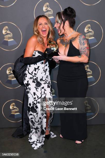 Carly Pearce and Ashley McBryde, winners of Best Country Duo/Group Performance award for "Never Wanted to Be That Girl" pose in the press room during...