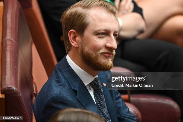 Senator James Paterson in the Senate on February 06, 2023 in Canberra, Australia. The political year intensified in Canberra on Monday as parliament...