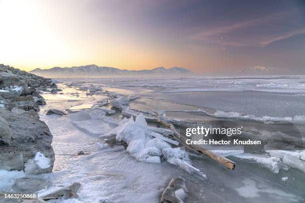 sunrise at frozen utah lake - utah lake stock pictures, royalty-free photos & images