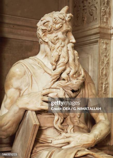Moses, detail from the tomb of Julius II, ca 1515, by Michelangelo . Basilica of St Peter in Chains in Rome, Lazio.