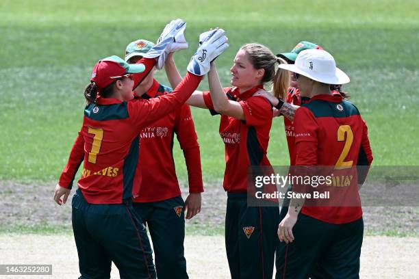 Nicola Carey of the Tigers celebrates the wicket of Bridget Patterson of the Scorpions during the WNCL match between Tasmanian Tigers and South...