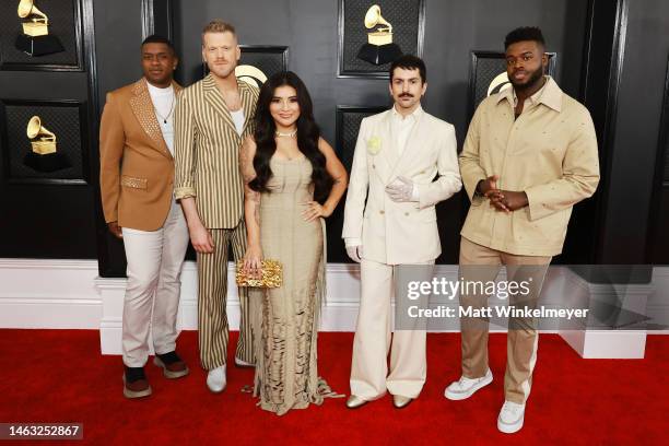 Matt Sallee, Scott Hoying, Kirstin Maldonado, Mitch Grassi, and Kevin Olusola of Pentatonix attend the 65th GRAMMY Awards on February 05, 2023 in Los...