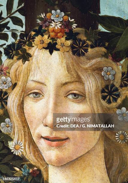 Florence, Galleria Degli Uffizi The face of Flora, detail of the allegory of spring, ca 1477-1490, by Sandro Botticelli , tempera on wood, 203x314 cm.