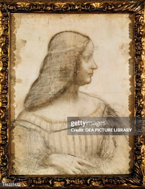 Paris, Musée Du Louvre Portrait of Isabella d'Este, ca 1500, by Leonardo da Vinci , black chalk, red and yellow pastel on cardboard, 63x46 cm.