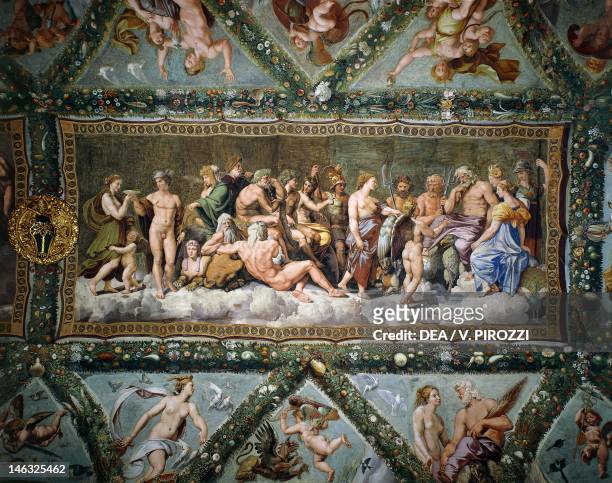 The council of the gods, detail from the Loggia of Cupid and Psyche from the school of Raphael from a master's drawing, fresco. Villa Farnesina, Rome.