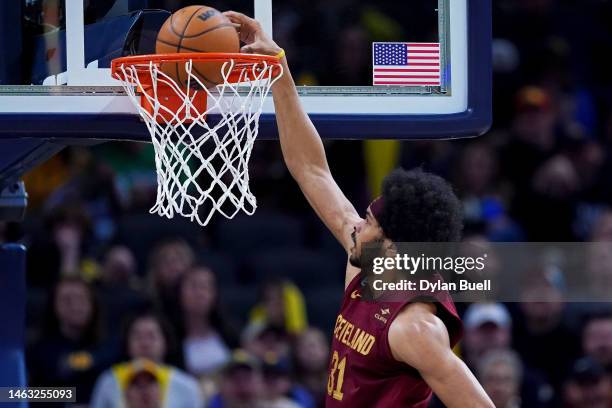 Jarrett Allen of the Cleveland Cavaliers dunks the ball in the fourth quarter against the Indiana Pacers at Gainbridge Fieldhouse on February 05,...