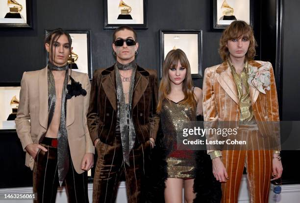Ethan Torchio, Damiano David, Victoria De Angelis and Thomas Raggi of Måneskin attends the 65th GRAMMY Awards on February 05, 2023 in Los Angeles,...