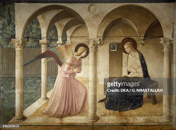 Figure of Mary, detail from The Annunciation, 1437-1445, by Giovanni da Fiesole, known as Fra Angelico , fresco. Cells of the first floor, St Mark's...