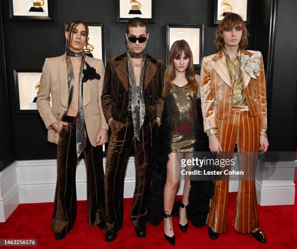 Ethan Torchio, Damiano David, Victoria De Angelis and Thomas Raggi of Måneskin attends the 65th GRAMMY Awards on February 05, 2023 in Los Angeles,...