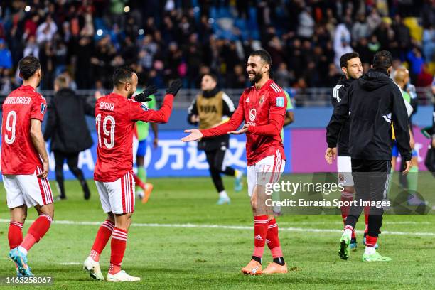 Goal scorer Mohamed Afsha of Al Ahly celebrating his goal with his teammate Amro Elsoulia of Al Ahly after winning Seattle during the FIFA Club World...