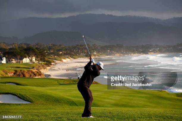 Joseph Bramlett of the United States plays a second shot on the ninth hole during the final round of the AT&T Pebble Beach Pro-Am at Pebble Beach...