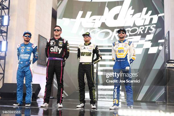 Kyle Larson, driver of the HendrickCars.com Chevrolet, Alex Bowman, driver of the Ally Chevrolet, William Byron, driver of the RaptorTough.com...