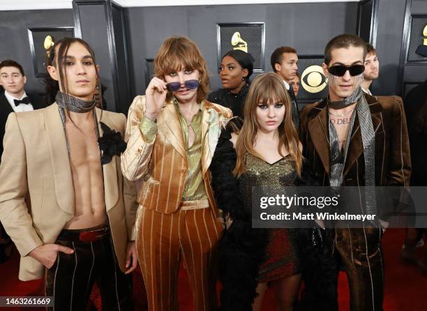 Ethan Torchio, Thomas Raggi, Victoria De Angelis, and Damiano David of Måneskin attend the 65th GRAMMY Awards on February 05, 2023 in Los Angeles,...