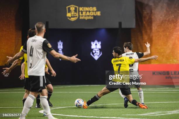 Didac Vila, player for Rayo de Barcelona team, disputes the ball during round 5 of the Kings League Tournament 2023 at CUPRA Arena Stadium on...