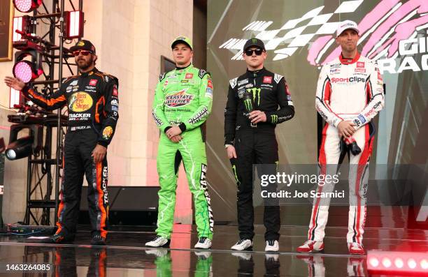 Martin Truex Jr., driver of the Bass Pro Shops Toyota, Christopher Bell, driver of the Interstate Batteries Toyota, Ty Gibbs, driver of the Monster...