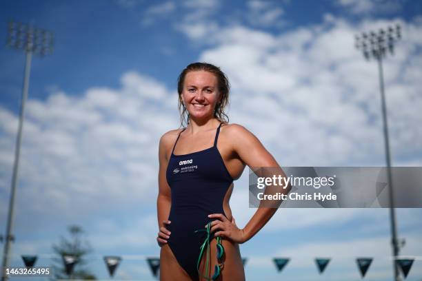 Ariarne Titmus poses during an Australian Dolphins National Event Swimming Camp Media Opportunity at Gold Coast Aquatic Centre on February 06, 2023...