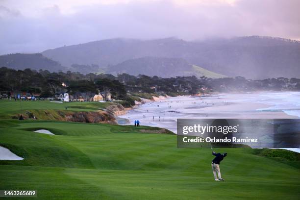 Peter Malnati of the United States plays a shot on the ninth hole during the final round of the AT&T Pebble Beach Pro-Am at Pebble Beach Golf Links...