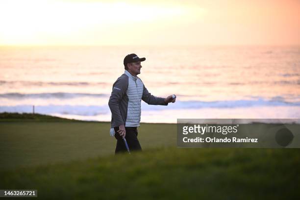 Justin Rose of England reacts to his putt on the ninth green during the final round of the AT&T Pebble Beach Pro-Am at Pebble Beach Golf Links on...