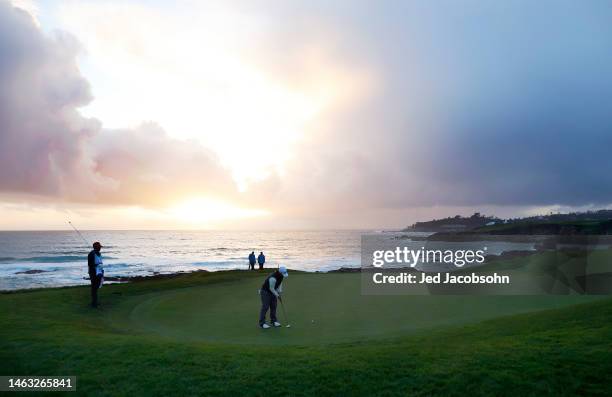 Kurt Kitayama of the United States putts on the ninth green during the final round of the AT&T Pebble Beach Pro-Am at Pebble Beach Golf Links on...