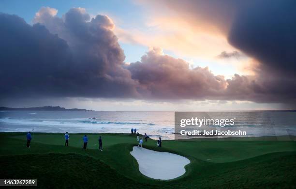 Brendon Todd of the United States chips on the ninth green during the final round of the AT&T Pebble Beach Pro-Am at Pebble Beach Golf Links on...