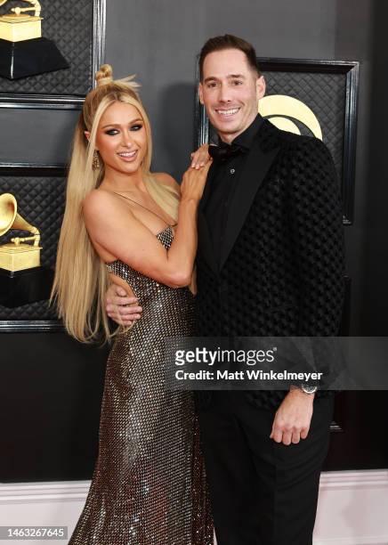 Paris Hilton and Carter Reum attend the 65th GRAMMY Awards on February 05, 2023 in Los Angeles, California.
