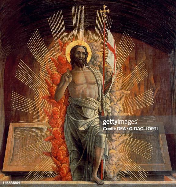 Tours, Musée Des Beaux-Arts The resurrection, 1457-1459, by Andrea Mantegna , tempera on wood, 70x92 cm. Detail depicting Christ