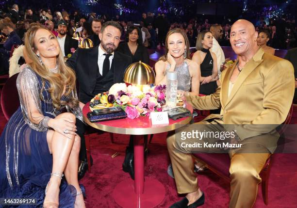 Jennifer Lopez, Ben Affleck, Lauren Hashian, and Dwayne Johnson attend the 65th GRAMMY Awards at Crypto.com Arena on February 05, 2023 in Los...
