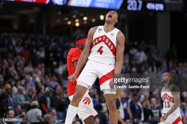 Scottie Barnes of the Toronto Raptors reacts during the second half against the Memphis Grizzlies at FedExForum on February 05, 2023 in Memphis,...