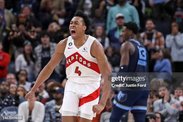 Scottie Barnes of the Toronto Raptors reacts during the second half against the Memphis Grizzlies at FedExForum on February 05, 2023 in Memphis,...