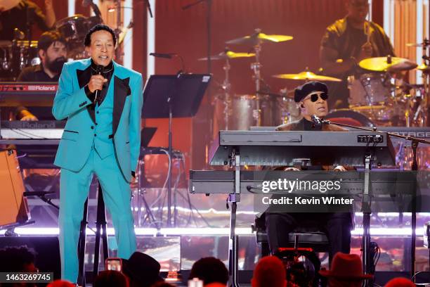 Smokey Robinson and Stevie Wonder perform onstage during the 65th GRAMMY Awards at Crypto.com Arena on February 05, 2023 in Los Angeles, California.