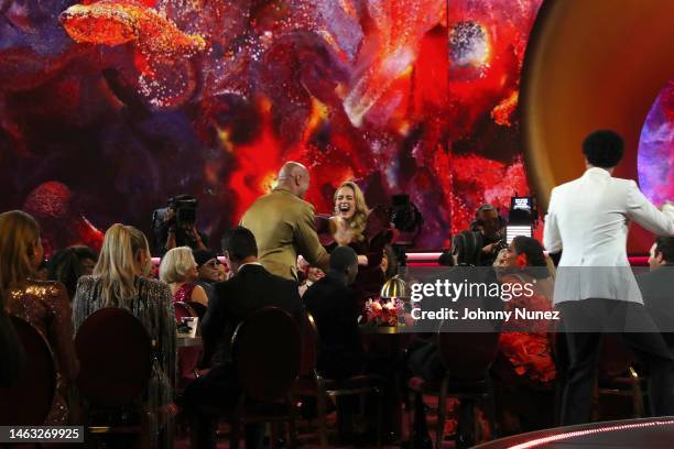 Dwayne Johnson and Adele attend the 65th GRAMMY Awards at Crypto.com Arena on February 05, 2023 in Los Angeles, California.