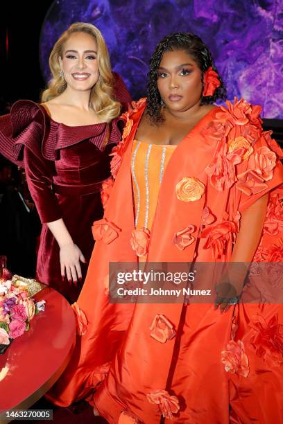 Adele and Lizzo pose during the 65th GRAMMY Awards at Crypto.com Arena on February 05, 2023 in Los Angeles, California.