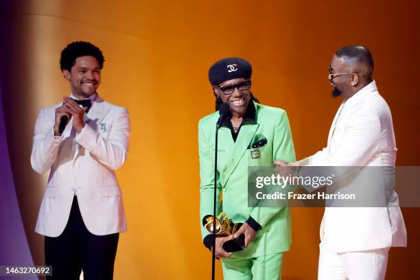 Host Trevor Noah speaks with Nile Rodgers and ‎Terius "The-Dream" Gesteelde-Diamant, winners of the Best R&B Song award for “Cuff It,” onstage during...