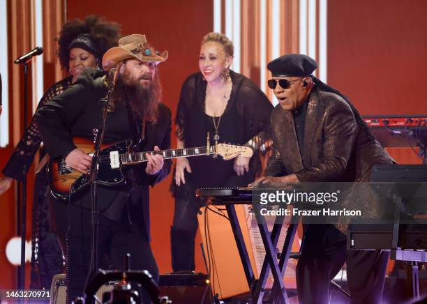 Chris Stapleton and Stevie Wonder perform onstage during the 65th GRAMMY Awards at Crypto.com Arena on February 05, 2023 in Los Angeles, California.