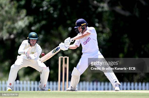 Matthew Hurst of England plays a shot during day 1 of the Second Test match between Australia U19 and England U19 at Norths Cricket Club on February...