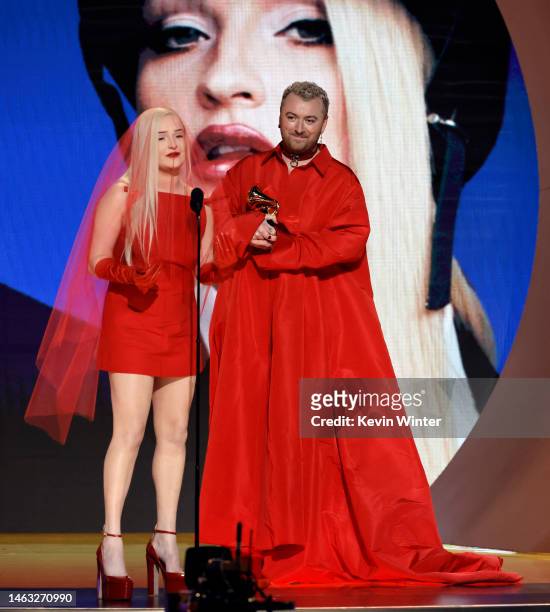 Kim Petras and Sam Smith accept the Best Pop Duo/Group Performance award for “Unholy” onstage during the 65th GRAMMY Awards at Crypto.com Arena on...