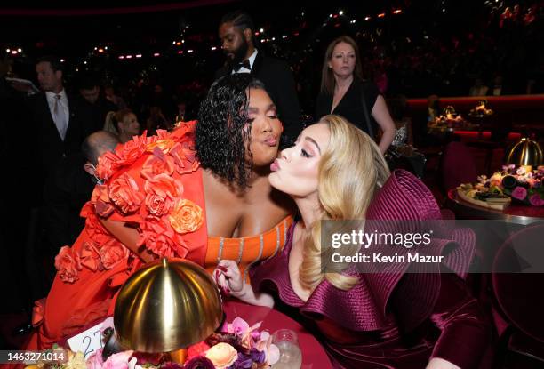 Lizzo and Adele attend the 65th GRAMMY Awards at Crypto.com Arena on February 05, 2023 in Los Angeles, California.