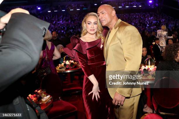 Adele and Dwayne Johnson attend the 65th GRAMMY Awards at Crypto.com Arena on February 05, 2023 in Los Angeles, California.