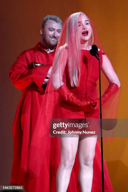 Kim Petras and Sam Smith accept the Best Pop Duo/Group Performance award for “Unholy” onstage during the 65th GRAMMY Awards at Crypto.com Arena on...