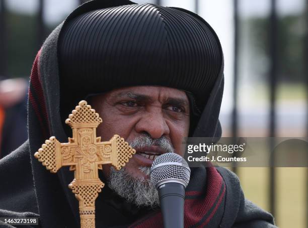 Abune Fanuel, archbishop of Washington DC for the Ethiopian Orthodox church speaks during a demonstration at the White House on February 05, 2023 in...