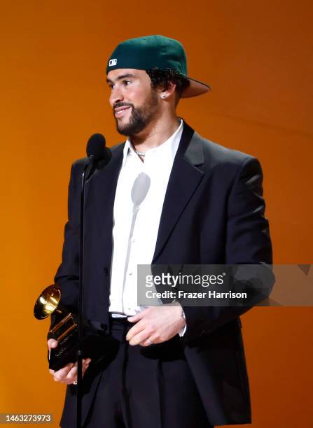 Bad Bunny accepts the Best Música Urbana Album for “Un Verano Sin Ti” onstage during the 65th GRAMMY Awards at Crypto.com Arena on February 05, 2023...