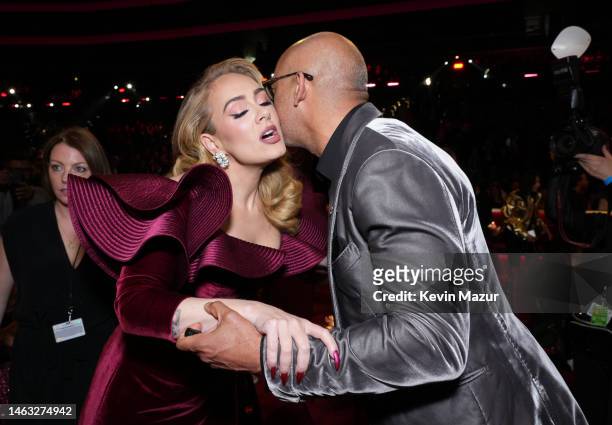 Adele and CEO of The Recording Academy Harvey Mason jr. Attend the 65th GRAMMY Awards at Crypto.com Arena on February 05, 2023 in Los Angeles,...