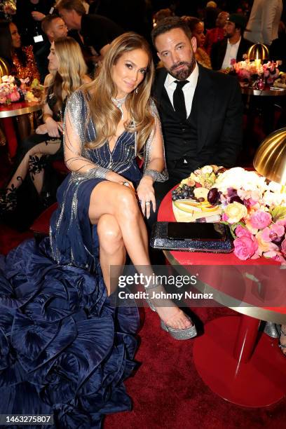 Jennifer Lopez and Ben Affleck pose during the 65th GRAMMY Awards at Crypto.com Arena on February 05, 2023 in Los Angeles, California.