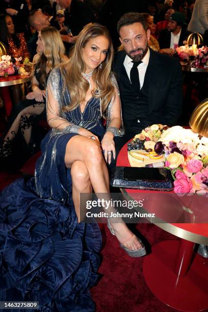 Jennifer Lopez and Ben Affleck pose during the 65th GRAMMY Awards at Crypto.com Arena on February 05, 2023 in Los Angeles, California.