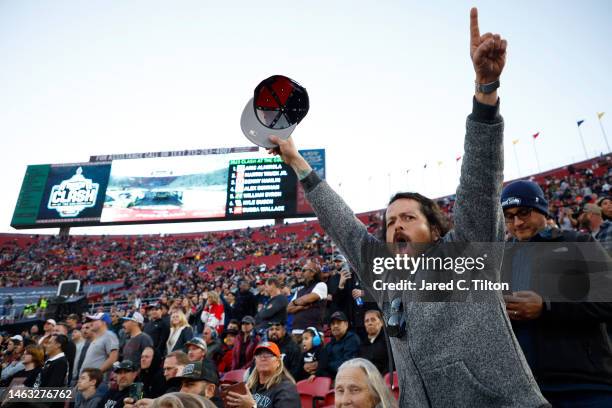 Fan reacts during the NASCAR Clash at the Coliseum at Los Angeles Memorial Coliseum on February 05, 2023 in Los Angeles, California.